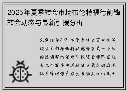 2025年夏季转会市场布伦特福德前锋转会动态与最新引援分析